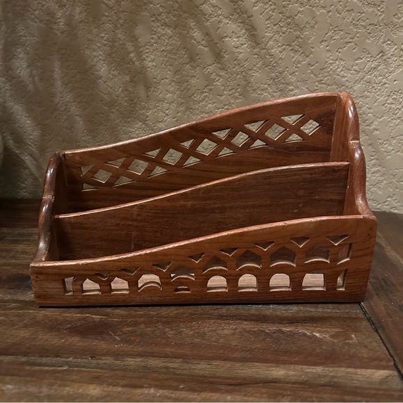 Unbranded Other - Vintage Wood Letter Organizer 2 Slot Design with Intricate Lattice Cutwork India